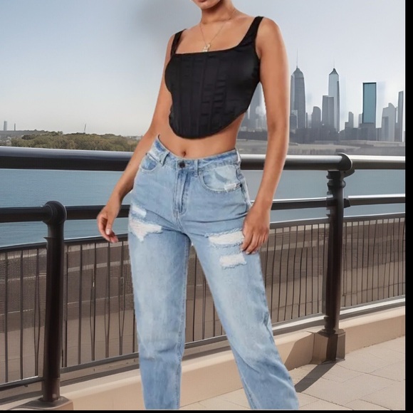 Black Satin Bustier A Structured Corset Front W/A Sexy Zip Up Crop Asymmetrical - Picture 5 of 8